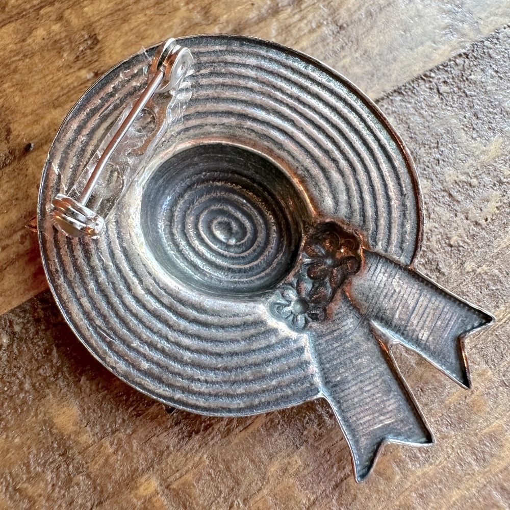 Vintage Gardeners Hat Flower Garden Brooch Pin Red, Yellow & Pink Rhinestones - Picture 5 of 10